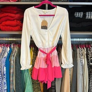 Mainstrip white/pink long sleeve v neck tiered belted romper size S NWT